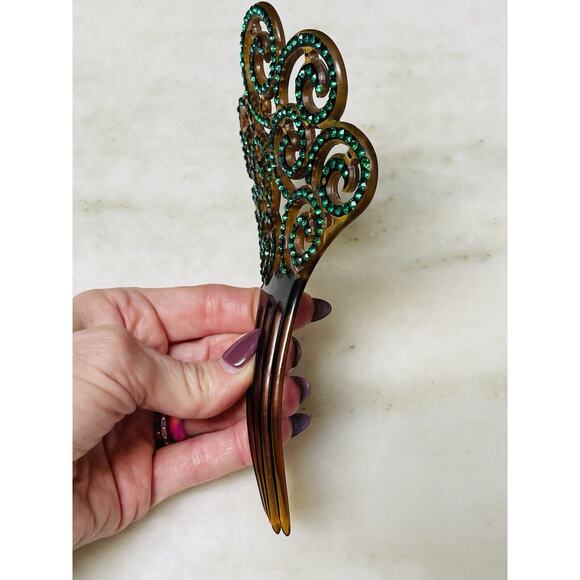 Antique Ornate Celluloid Hair Comb Green Rhinestones Art Nouveau - Picture 5 of 16